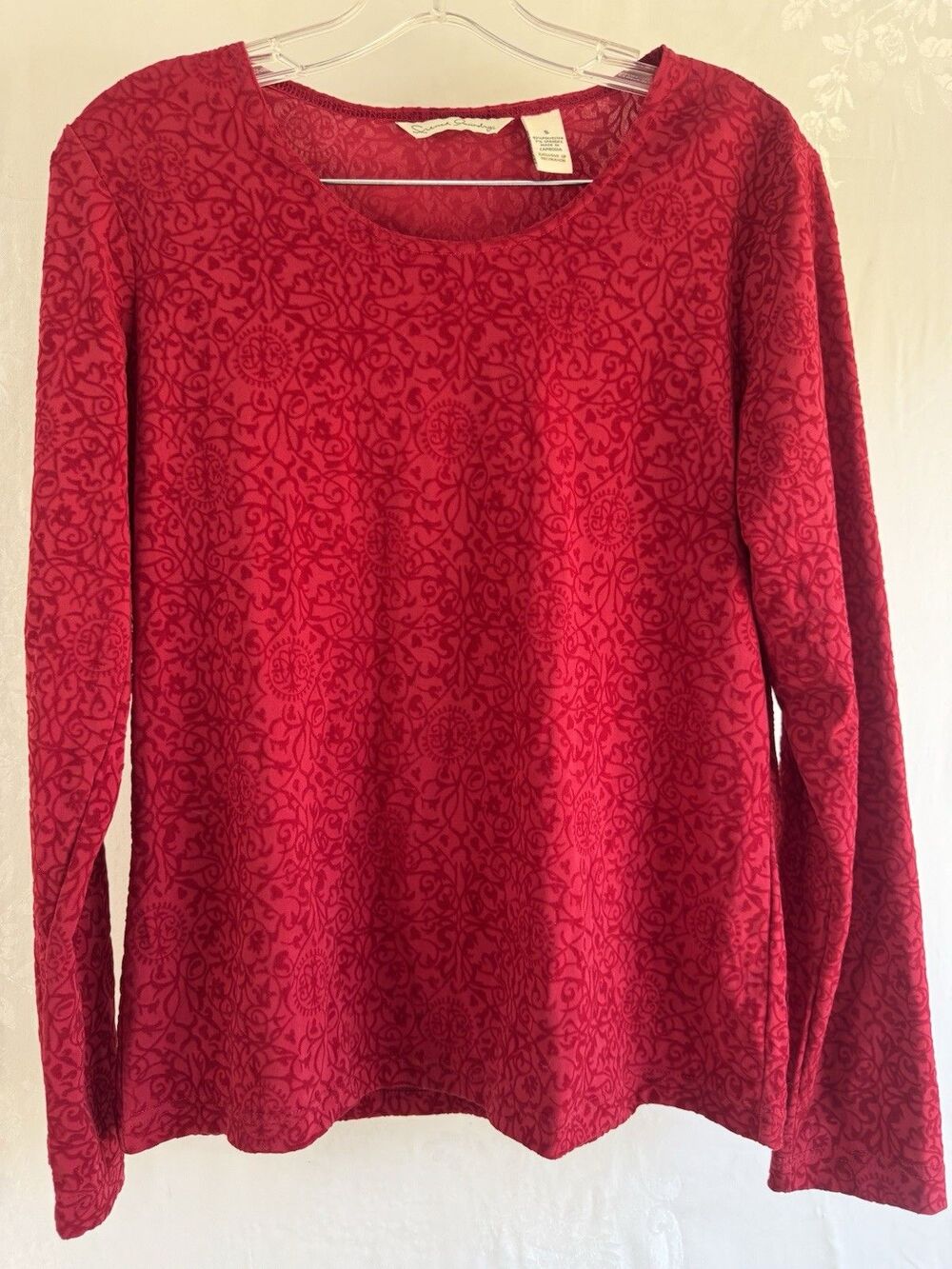 French Laundry Red Velvet Lining Floral Long Sleeve Top